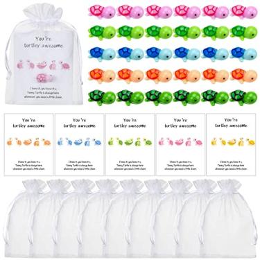 Imagem de 100 conjuntos de presentes inspiradores incluem 100 cartões de agradecimento com animais incríveis You're Turtley, 100 mini figuras de tartaruga marinha, 100 sacos de organza para agradecimento de colegas de trabalho