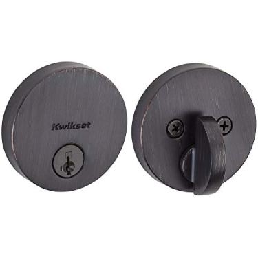 Imagem de Kwikset Fechadura de porta de cilindro único contemporâneo, discreta, fina, redonda, moderna, com SmartKey Security Venetian Bronze