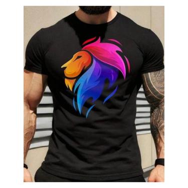 Imagem de Camiseta Masculina Colorida - Estampa de Leão Multicolorido em Algodão