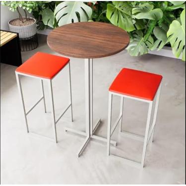 Imagem de Conjunto Mesa Alta Bar Bistrô Redonda Imbuia 2 Bancos Estofado Industrial White (Vermelho)