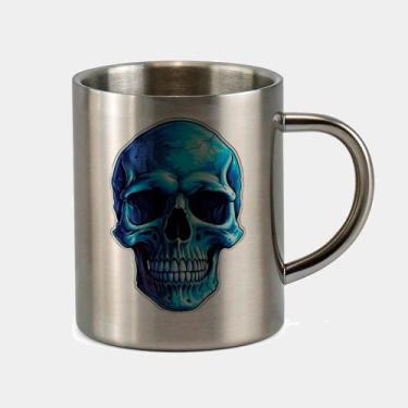 Imagem de Caneca de Inox Premium Prateada 400ml CAVEIRA SKULL AZUL CRANIO - Cria