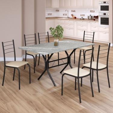 Imagem de Conjunto Sala De Jantar Mesa Retangular 140x75cm Tampo Granito Topázio 6 Cadeiras Rio Creme - Preto Fosco
