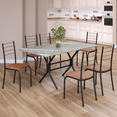 Imagem de Conjunto Sala De Jantar Mesa Retangular 140x75cm Tampo Granito Topázio 6 Cadeiras Rio C. Marrom - Preto Fosco