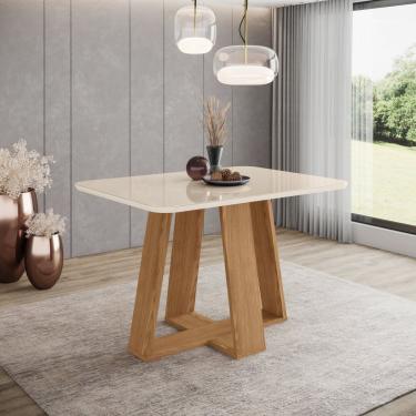 Imagem de Mesa De Jantar 4 Lugares 120cm Tampo Mdf E Vidro Canto Arredondado Lins Nature-off White