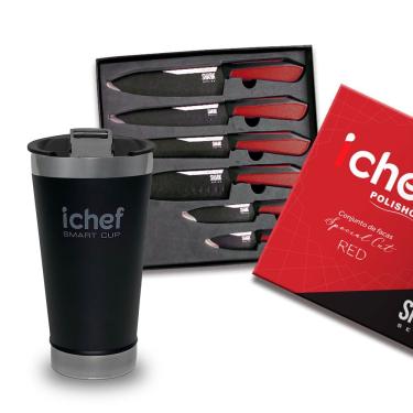 Imagem de Conjunto De 6 Facas Special Cut Vermelha E Copo Térmico Com Tampa Smart Cup 600ml Ichef | Copo Preto