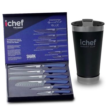 Imagem de Conjunto De Facas Special Cut Blue Duo E Copo Térmico Com Tampa Smart Cup 600ml Ichef | Copo Preto