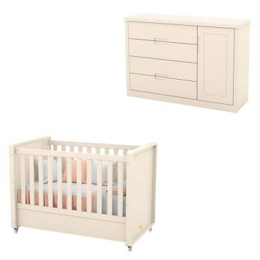 Imagem de Berço Americano e Cômoda Infantil Tutto New com 1 Porta e 4 Gavetas em MDF 140cm Off White Matic