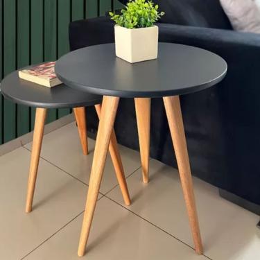 Imagem de Kit 2 Mesa Redonda Lateral Canto Apoio Sala Quarto 56 E 68cm preto