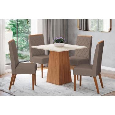 Imagem de Sala De Jantar Dora Com Tampo Madeirado 90x90cm E 4 Cadeiras Nina Nature Off White Suede Marrom