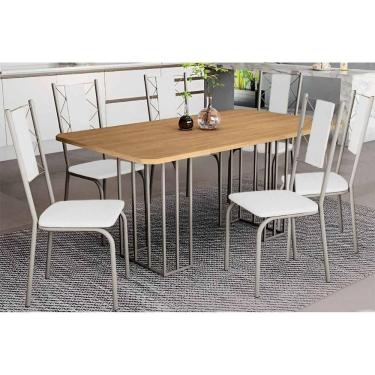 Imagem de Sala De Jantar Duina Com Tampo De Madeira 160cm E 6 Cadeiras Lisboa Niquel Freijó Courano Branco