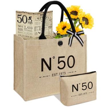Imagem de Sacola feminina de juta, presente de aniversário de 50 anos, bolsa de estopa vintage nº 50 com bolsa de cosméticos e pôster de volta em 1975, presentes exclusivos de 50 anos para mãe, amigas, esposa e