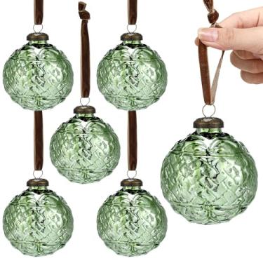 Imagem de Threan 6 peças de enfeites de Natal grandes vintage de vidro mercúrio 8 cm enfeites de bola de Natal pendurados em relevo antigo para decoração de guirlanda de árvore de Natal (verde, bolinhas)