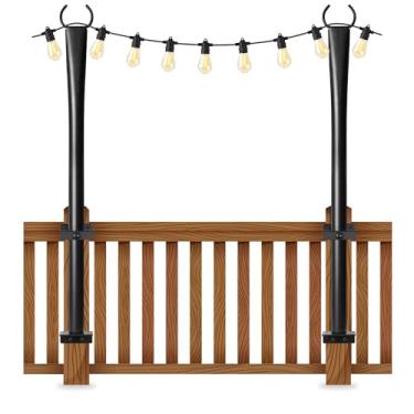 Imagem de Pacote com 2 postes de luz de corda para deck, postes de luz de deck de metal resistente de 1,5 m para uso externo com clipes de fixação, acessórios de poste de suspensão de iluminação para decoração
