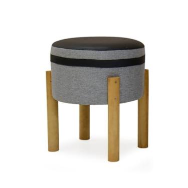 Imagem de Puff Banqueta Redondo Banco Pufe Assento Macio em Courino Tecido Linho Decorativo para Sala Escritório Apartamento Soft Évora Pés em Madeira (Cinza)