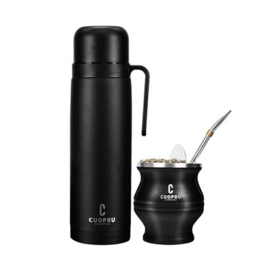 Imagem de Conjunto de copo de erva mate e garrafa isolada a vácuo com separador de chá, canudo Bombilla e escova de limpeza, preto