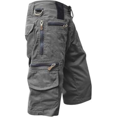 Imagem de Calças Cargo Masculinas Comprimento 3/4 Com Muitos Bolsos Shorts Cargo Bolsos Largos Com Zíper Bermudas Pretas Calças De Lazer Confortáveis Masculinas Shorts De Trabalho Vinta, Gray, S