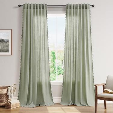 Imagem de Cortinas boho extralongas de 272 cm de comprimento, bolso para varão verde sálvia e aba traseira filtrada e respirável, cortinas semitransparentes, boêmia fazenda decer cortina de borla para sala de