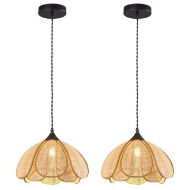 Imagem de ADCTHOME Lustre Boho com pingente de corda de cânhamo rústico, lâmpada pendurada em vime em vime costeira retrô luminária pendente para cozinha, ilha, fazenda, sala de jantar, quarto (pacote com 2)