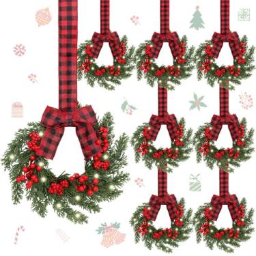 Imagem de Hoteam 8 mini guirlanda de armário de Natal de 23 cm com eucalipto claro, pinha, vermelho, baga, vermelho e preto, agulha de cedro de Norfolk, decoração de inverno, guirlanda rústica de férias