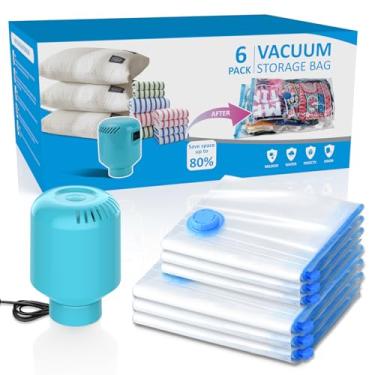 Imagem de SZO Pacote com 6 sacos de armazenamento a vácuo com bomba de ar elétrica, (3 jumbos/3 grandes) sacos de vedação a vácuo para roupas, viagens, sacos economizadores de espaço para bagagem, cobertores