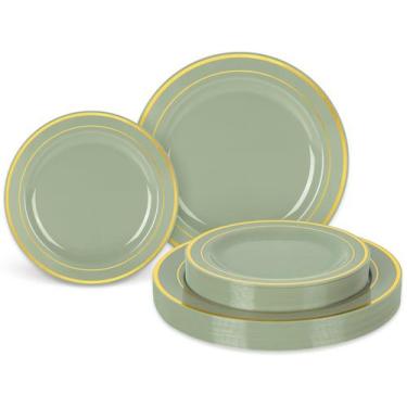 Imagem de Pratos de plástico Whaline Sage Green com folha de ouro 50 unidades