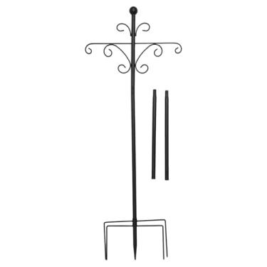 Imagem de ZJRDYYK Ganchos de pastores duplos de 196 cm para uso externo, mastro de alimentador de pássaros resistente com base de 5 pinos, ganchos de pastor duplos de jardim ajustáveis para pendurar plantas