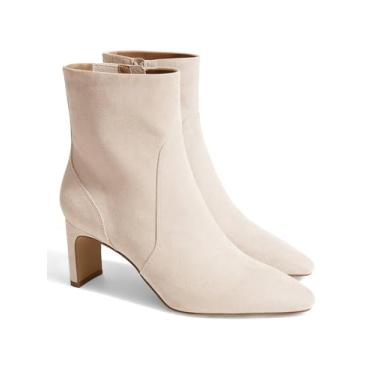 Imagem de Coutgo Bota feminina de salto baixo grosso, bico fino, bico fino, zíper lateral, camurça sintética, sapatos de outono, Bege, 36