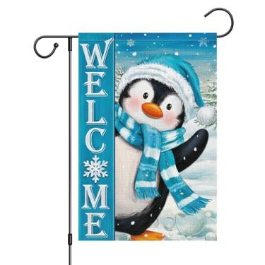 Imagem de Wodison Bandeira de jardim de pinguim de inverno, 30,5 x 45,7 cm, estopa dupla face para exterior, flocos de neve, bem-vindo, feriado, quintal, bandeira decorativa