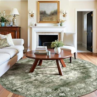 Imagem de jinchan Tapete redondo de 2,4 m - Tapete verde vintage para cozinha interna - Círculo lavável 2,5 m fino estampa floral tapete retrô fazenda antiderrapante sala de jantar sala de estar quarto