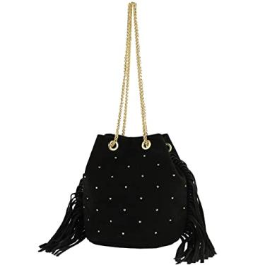 Imagem de modamoda de T245/T246 Bolsa feminina de couro italiano, fecho de corrente dourada, 20 x 14 cm, Preto/Camurça