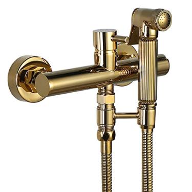 Imagem de MINJING Pulverizador de bidê portátil para vaso sanitário, acessório de chuveiro de ducha de banheiro de latão, torneira de bidê de montagem na parede de alça única com água quente e fria, ouro