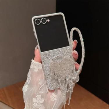 Imagem de Capa para Galaxy Z Flip5 com borla de diamante e suporte magnético em forma de coração e corrente (para Galaxy Z Flip5/com suporte em forma de corrente)