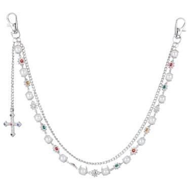 Imagem de GORGECRAFT 1 caixa de corrente com cruz em camadas, pérolas de plástico branco, flor de strass colorido, camada dupla, vintage, gótico, punk, prata, calças de liga, cinto, correntes para jeans