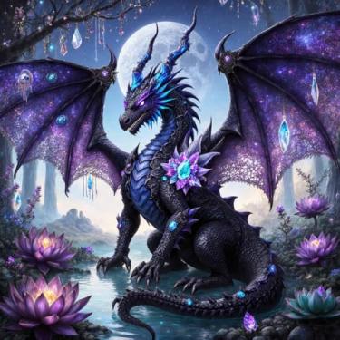 Imagem de Diymood Kits de dragão de pintura de diamante 5D DIY para adultos, pintura com diamante arte animal broca completa tela redonda bordado mosaico iniciante casa decoração de parede presente 30 x 30 cm