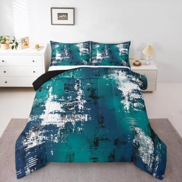 Imagem de Feelyou Conjunto de edredom abstrato, King, moderno, arte abstrata, conjunto de cama para crianças, meninos, meninas, azul, verde e branco, decoração de quarto de luxo, microfibra geométrica, 3 peças