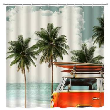 Imagem de VPUPCN Cortina de chuveiro Tour Bus, palmeira tropical, prancha, praia, retrô, acampamento, trailer, verão, litoral, surfe, férias havaianas, homens, meninos, cortinas de poliéster, decoração de