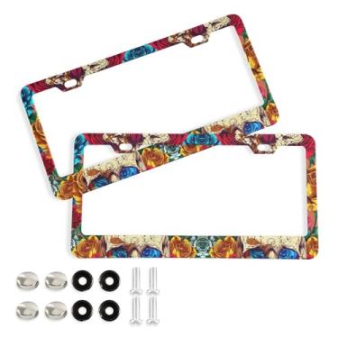 Imagem de SEHANY Molduras de placa de carro vintage rosa crânio, capas de alumínio à prova de ferrugem com furos elípticos e parafusos serve para veículos padrão dos EUA tamanho acessórios de carro para