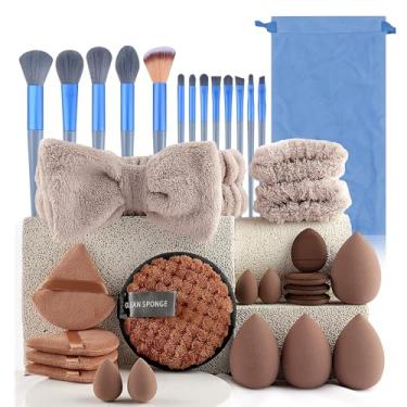 Imagem de Conjunto de pincéis de maquiagem e esponja de maquiagem (azul) – 34 peças, 13 pincéis, 4 esponjas, 4 esponjas, 4 esponjas triangulares, 4 puffs de dedo, 1 esponja de limpeza, 1 faixa de cabeça, 1