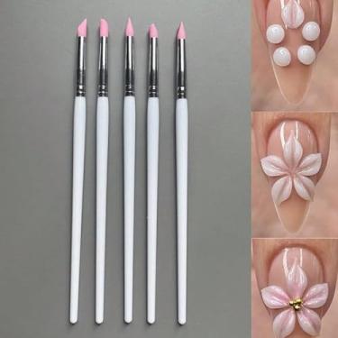 Imagem de 5 peças/conjunto de pincéis de caneta de silicone para arte de unhas, ponta de esmalte de gel, pincéis de acrílico 3D para escultura em relevo em relevo, caneta de escultura, ferramenta de manicure