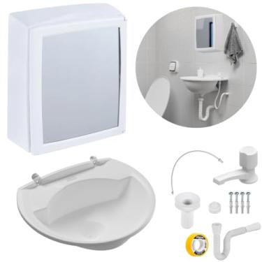 Imagem de Armário Espelheira + Pia Lavatório 4L + Torneira Reforçada + Sifão Sanfonado + Engate Flexível + Veda Rosca