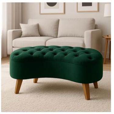 Imagem de Puff Feijão Estofado em Veludo com Pés de Madeira – Banqueta Curvada Decorativa para Sala e Recepção(Verde Musgo)