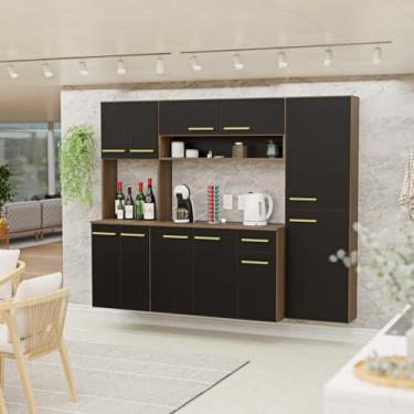 Imagem de Cozinha Aura Modulada Compacta Torre Quente Armário Aéreo Paneleiro e Balcão Auxiliar (Nogal/Preto)