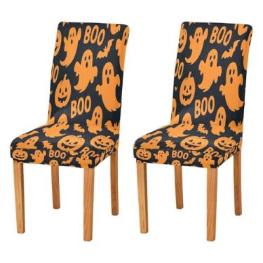 Imagem de Qilmy Conjunto de 2 capas elásticas para cadeira de jantar Halloween Boo, laváveis e removíveis, para sala de jantar, cozinha, hotel, banquete, festa, protetores de cadeira