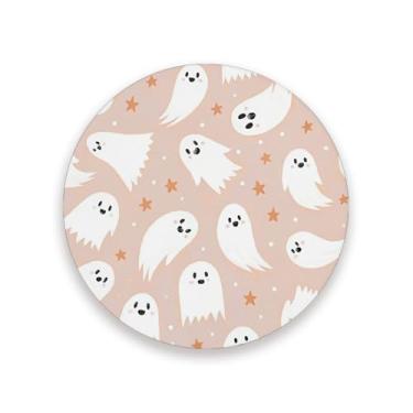 Imagem de JUZIHAI Conjunto de 4 porta-copos assustadores de Halloween Spooky Boo, porta-copos redondos de pedra de cerâmica absorvente de 9 cm com base de cortiça, tapete de proteção de mesa para cozinha bar