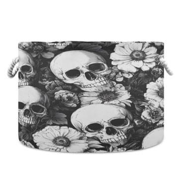 Imagem de JUZIHAI Cesta de armazenamento dobrável de flores e caveiras, cesto de roupa suja para bebê, cobertor com alças de corda de algodão, caixa organizadora de armário dobrável para quarto, berçário, casa