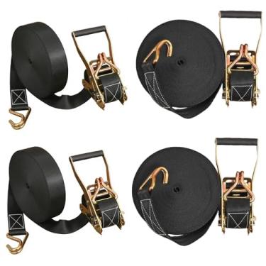 Imagem de Pacote com 4 correias de catraca resistentes, 3,628 kg de resistência à ruptura com alça de catraca amarrada, 5 cm x 9,8 m tiras pretas de caminhão de carga com gancho duplo J durável para caminhão