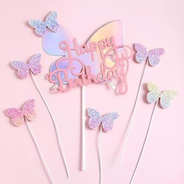 Imagem de 6 peças de topo de bolo de aniversário de borboleta decoração de bolo com glitter para meninas festa de aniversário decoração de bolo de casamento chá de bebê (rosa)