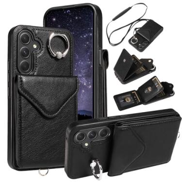 Imagem de Capa para Samsung Galaxy A55, carteira minimalista com suporte de anel e alça de ombro, capa protetora elegante à prova de choque para Galaxy A55 - preta