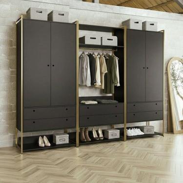 Imagem de Guarda-roupa Closet Modulado Casal 6 Gavetas 3 Cabideiros Estrutura Metalica 250cm Preto
