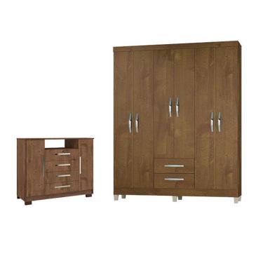 Imagem de Guarda Roupa de Casal e Cômoda Modena Madri 8 Portas 6 Gavetas em MDP 150cm Malbec Inco...